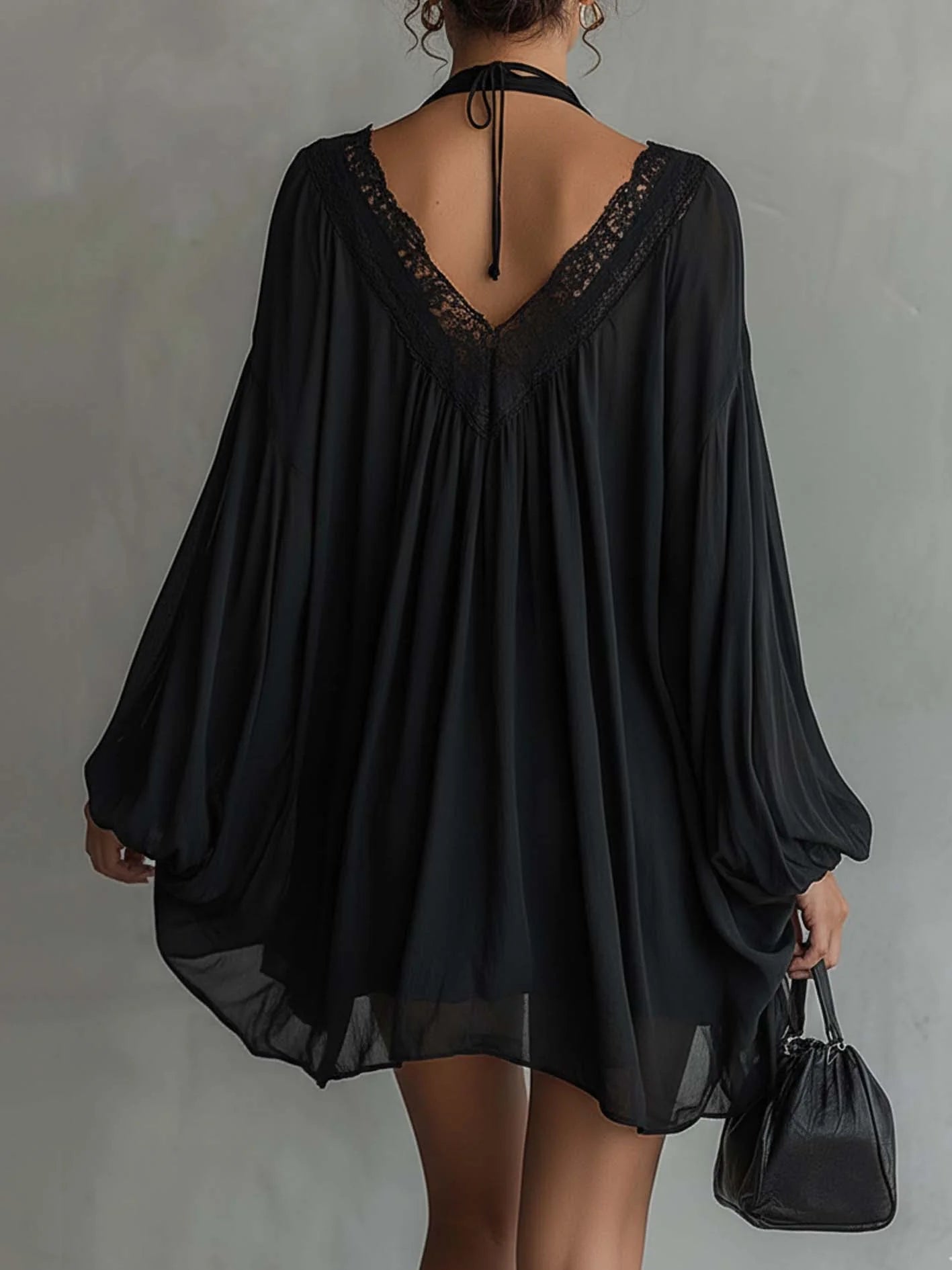 Women's Fluid Chiffon Mini Dress | Romantic Lace Neckline Cocktail Dress 1