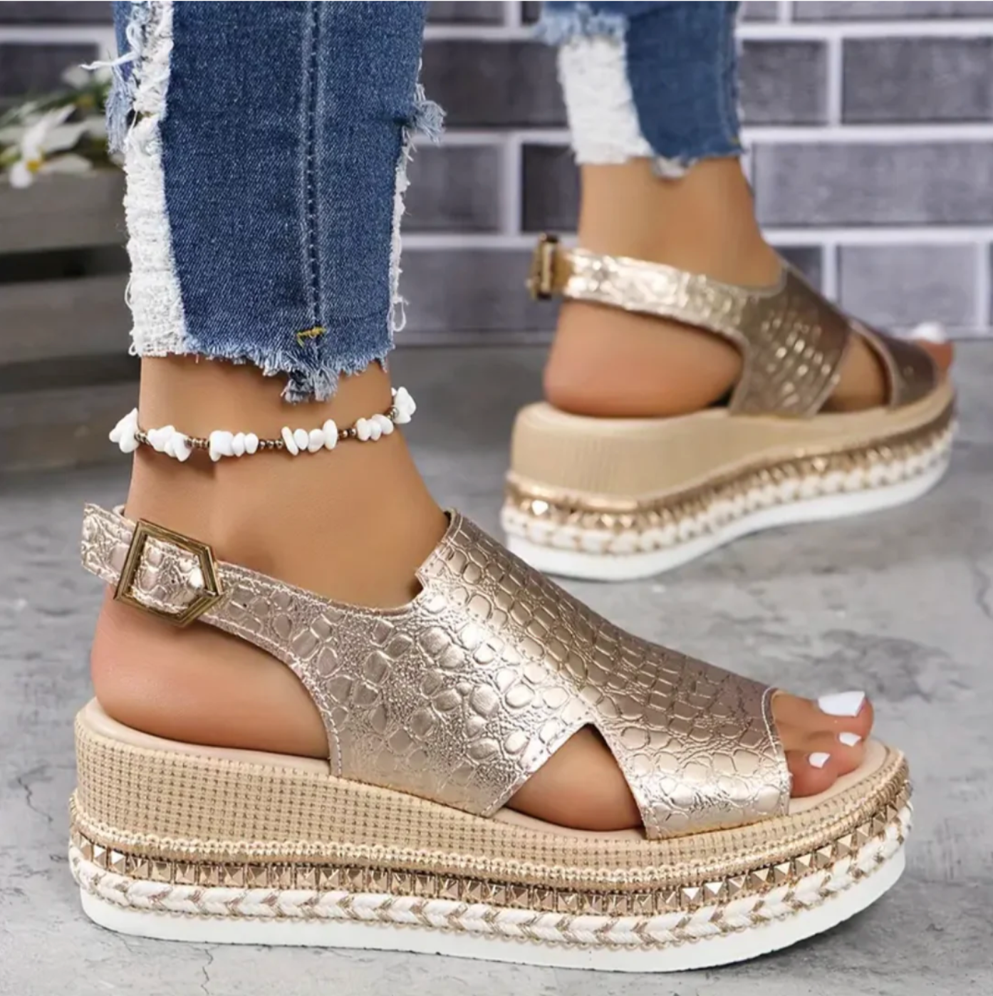 Womens Glossy Crocodile Embossed Wedge Sandals | Elegant Black Wedge Heels 1