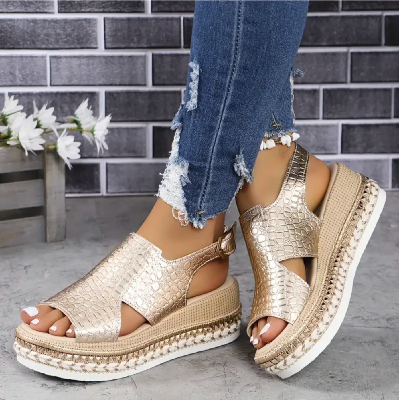 Womens Glossy Crocodile Embossed Wedge Sandals | Elegant Black Wedge Heels 2