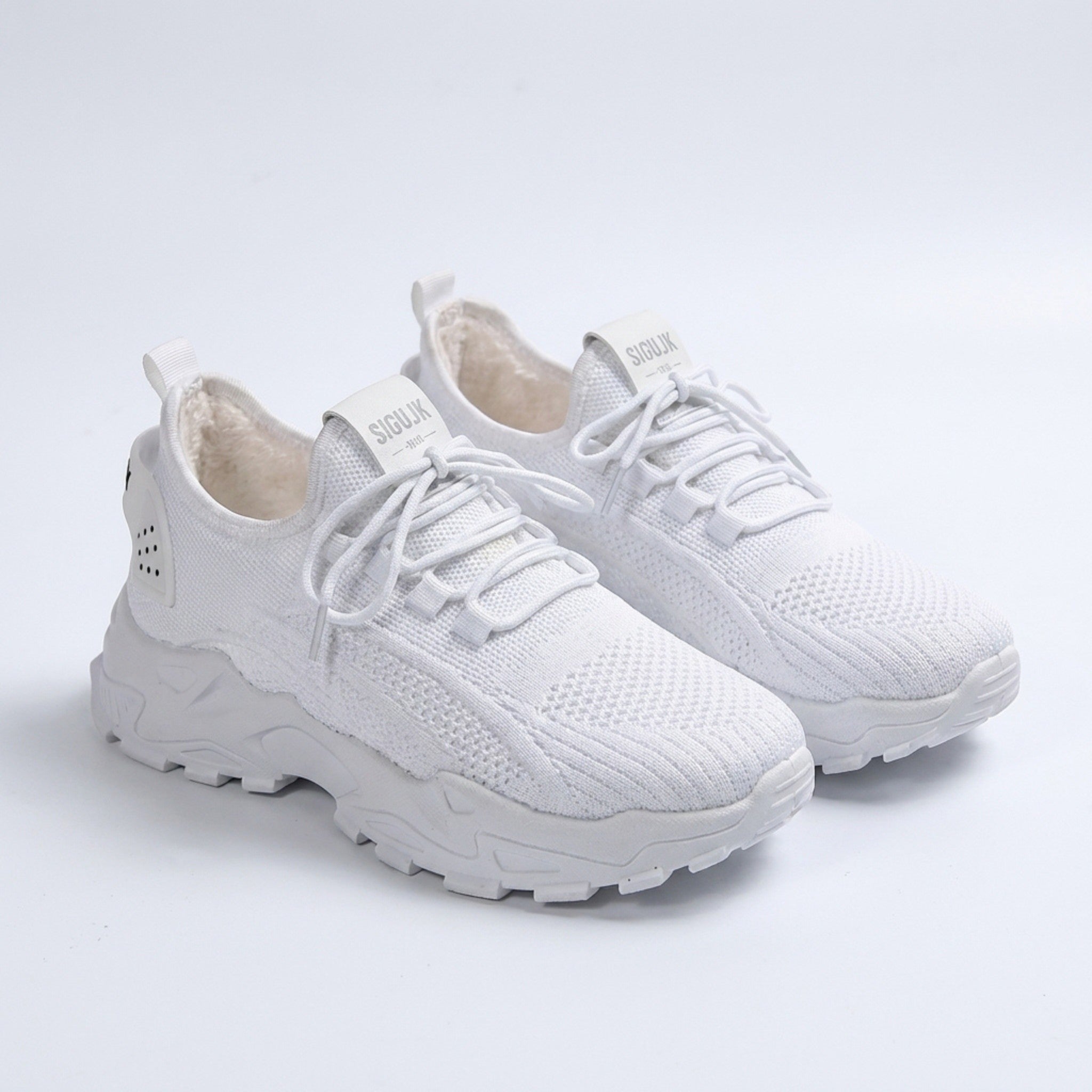 Womens Knit Fabric Lace-Up Sneakers | Comfortable Low Top White Walking Shoes 1