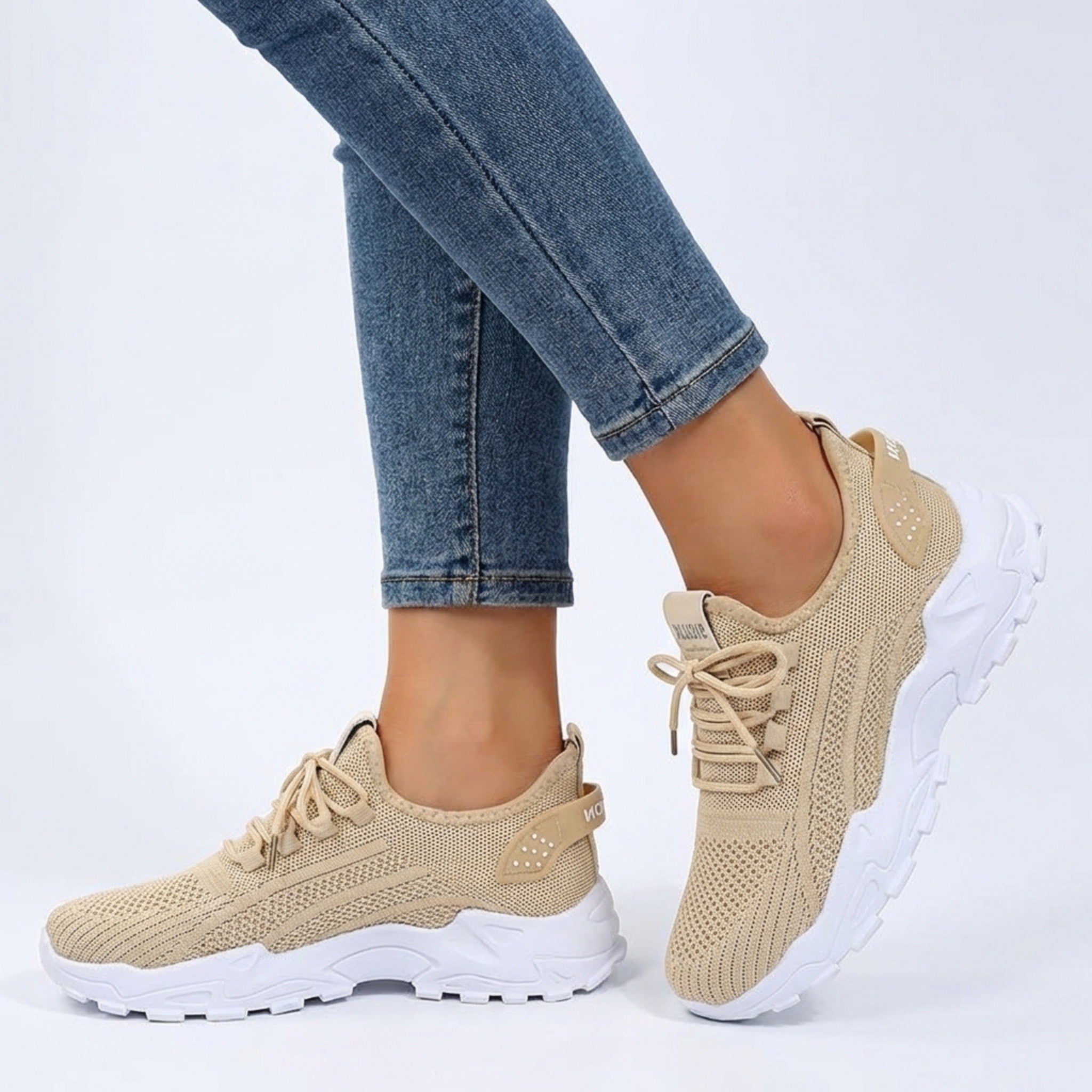 Womens Knit Fabric Lace-Up Sneakers | Comfortable Low Top White Walking Shoes 2
