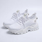 Womens Knit Fabric Lace-Up Sneakers | Comfortable Low Top White Walking Shoes 11