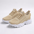 Womens Knit Fabric Lace-Up Sneakers | Comfortable Low Top White Walking Shoes 8