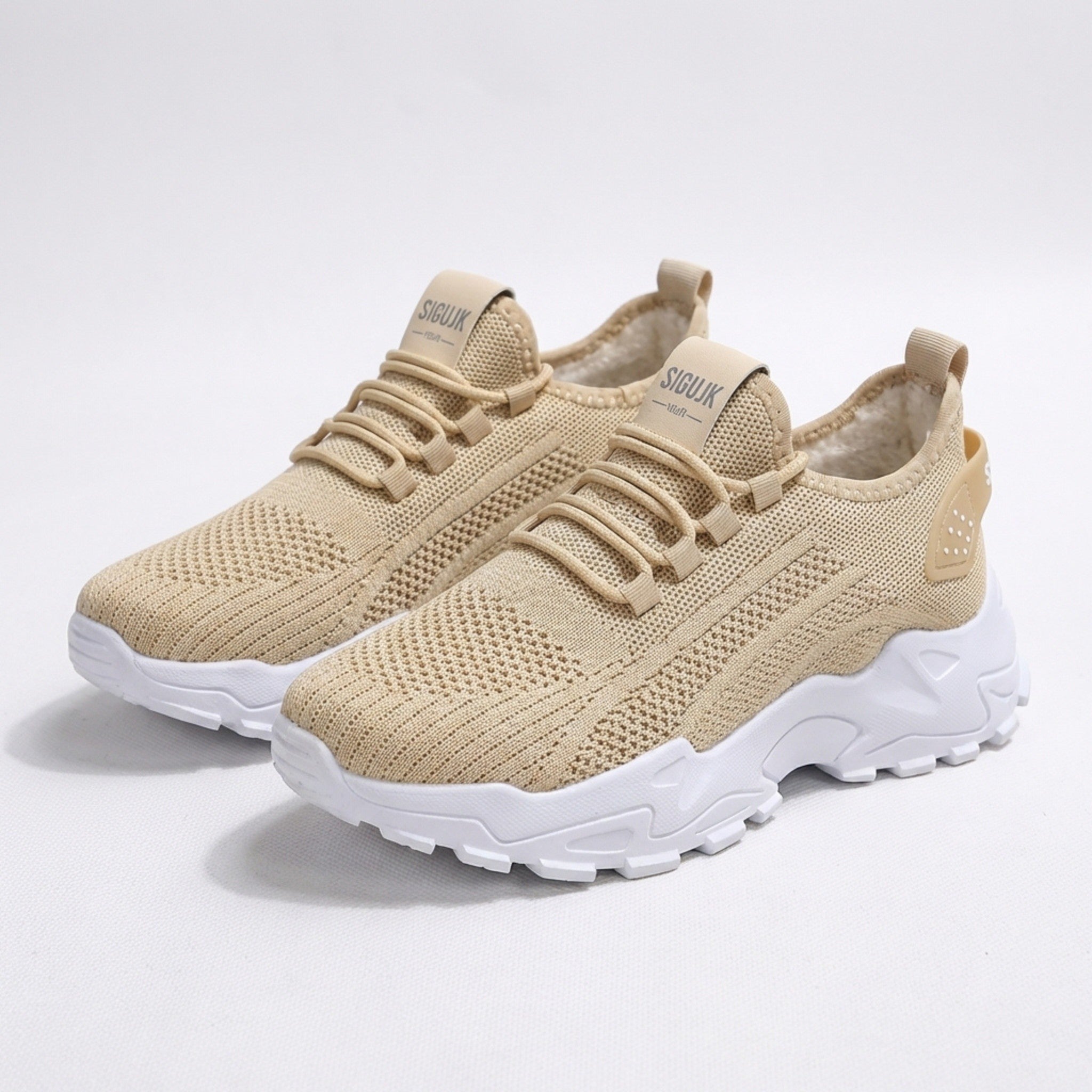 Womens Knit Fabric Lace-Up Sneakers | Comfortable Low Top White Walking Shoes 8