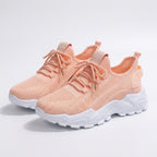 Womens Knit Fabric Lace-Up Sneakers | Comfortable Low Top White Walking Shoes 9