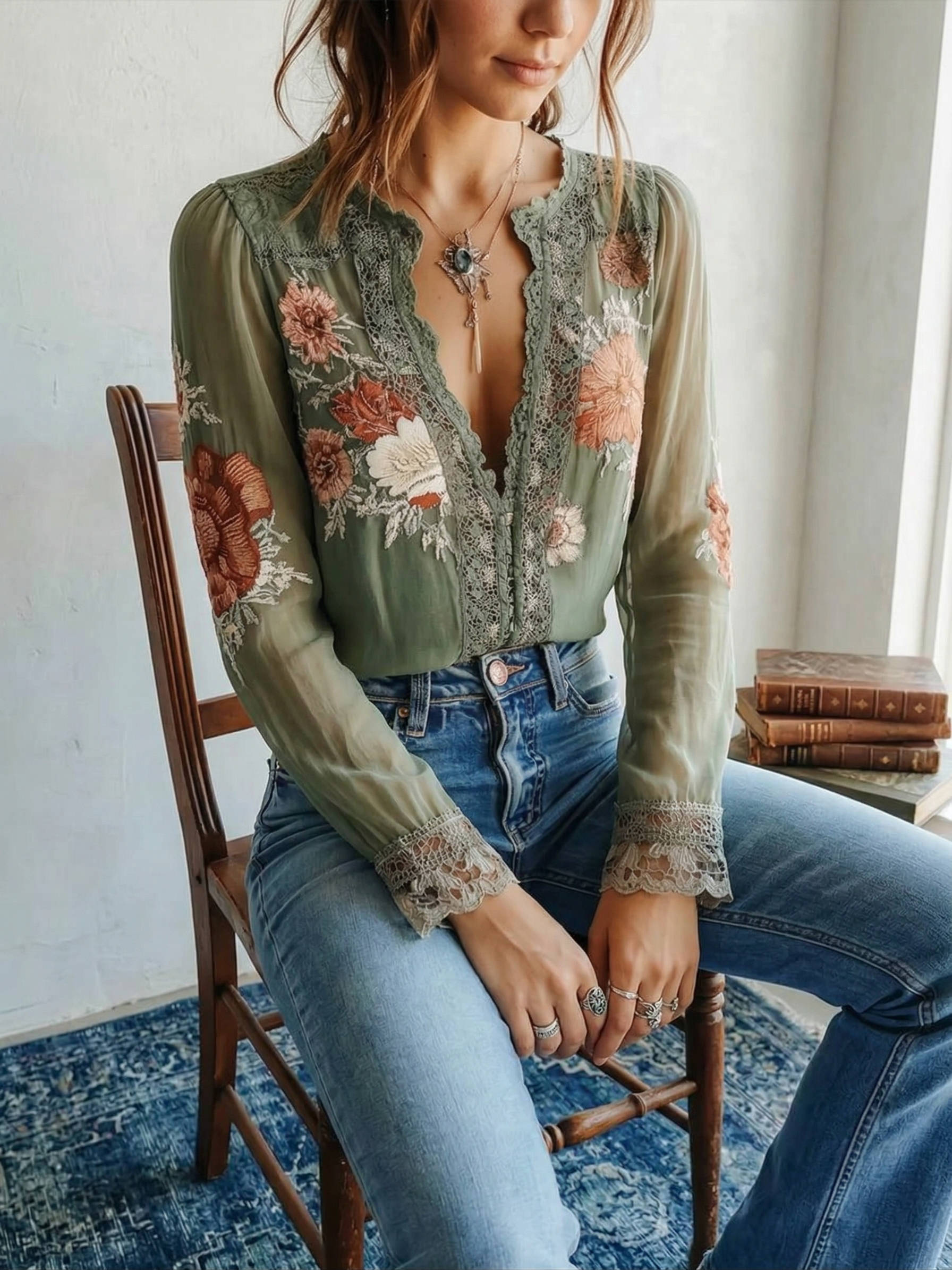 Women's Lightweight Chiffon Blouse | Bohemian Floral Summer Top with Lace Trim 1