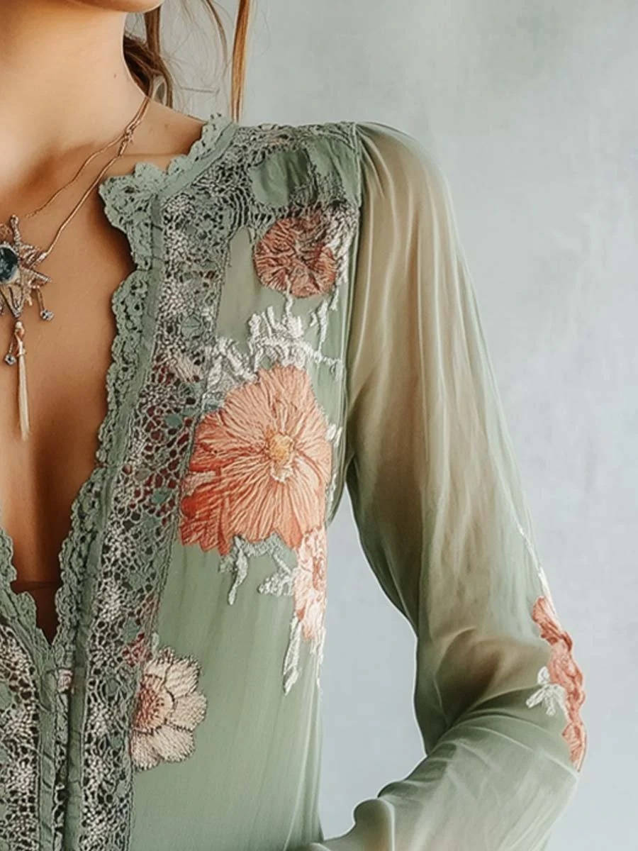 Women's Lightweight Chiffon Blouse | Bohemian Floral Summer Top with Lace Trim 2
