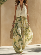Women's Lightweight Floral Chiffon Set | Romantic Halter Top and Flowing Pants for Summer 0