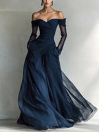 Women's Mesh Long Dress | Romantic Pleated Open Shoulder Maxi Dress 0