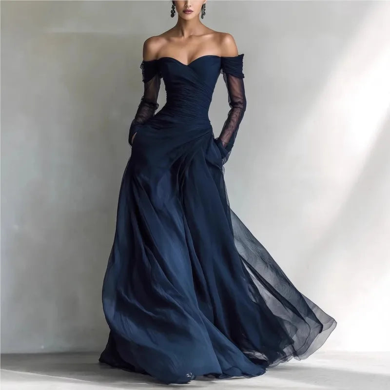 Women's Mesh Long Dress | Romantic Pleated Open Shoulder Maxi Dress 1