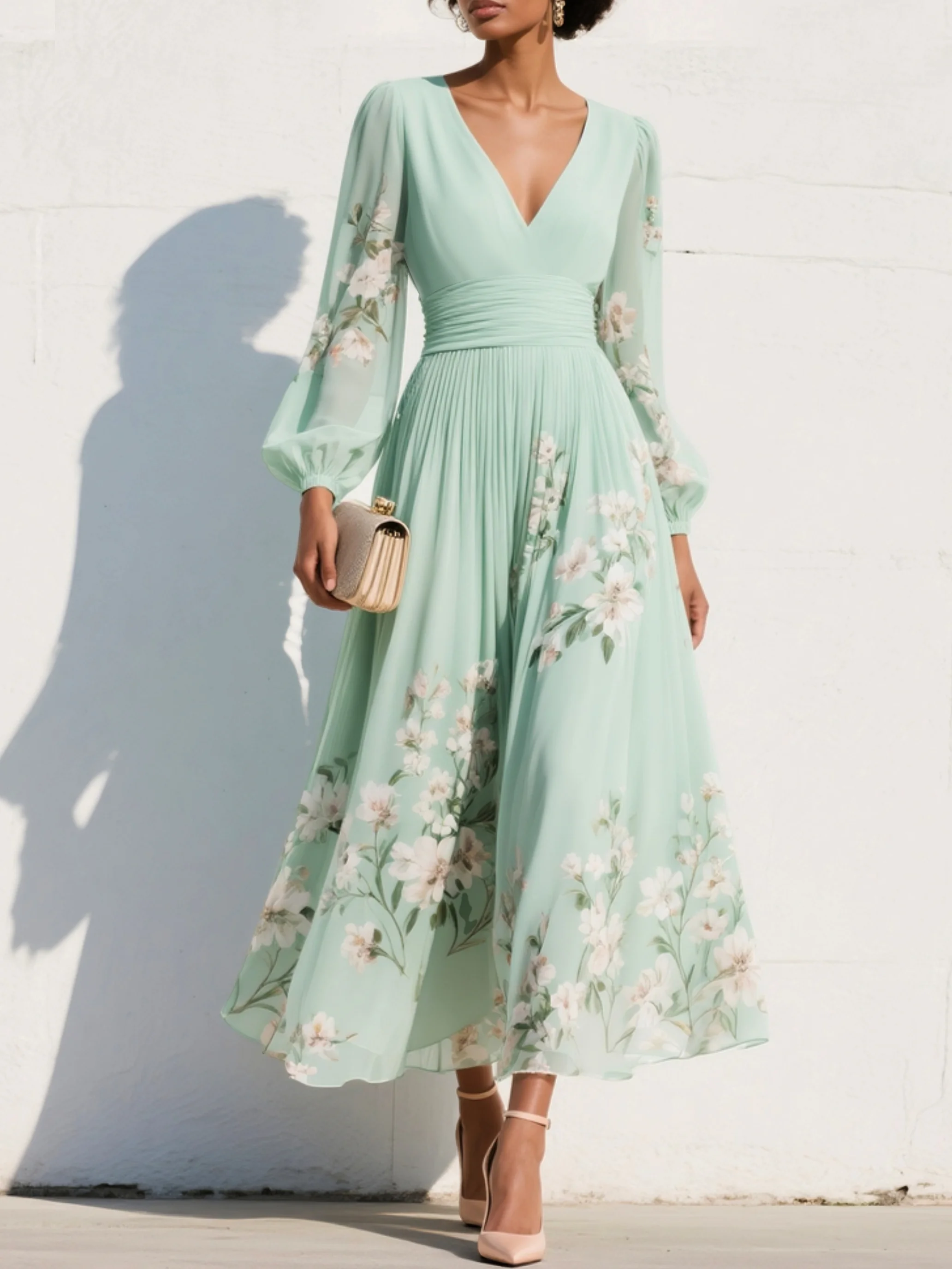 Women's Mint Green Chiffon Maxi Dress | Elegant Pleated Floral Summer Gown 0