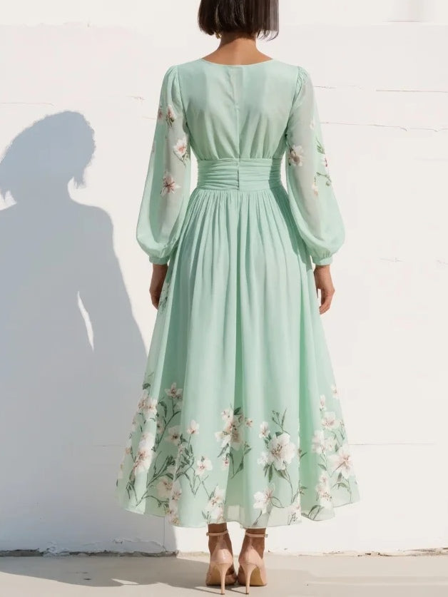 Women's Mint Green Chiffon Maxi Dress | Elegant Pleated Floral Summer Gown 2