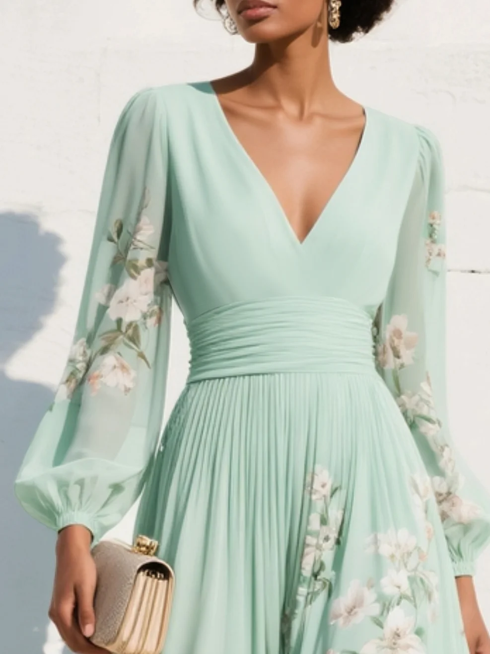 Women's Mint Green Chiffon Maxi Dress | Elegant Pleated Floral Summer Gown 3