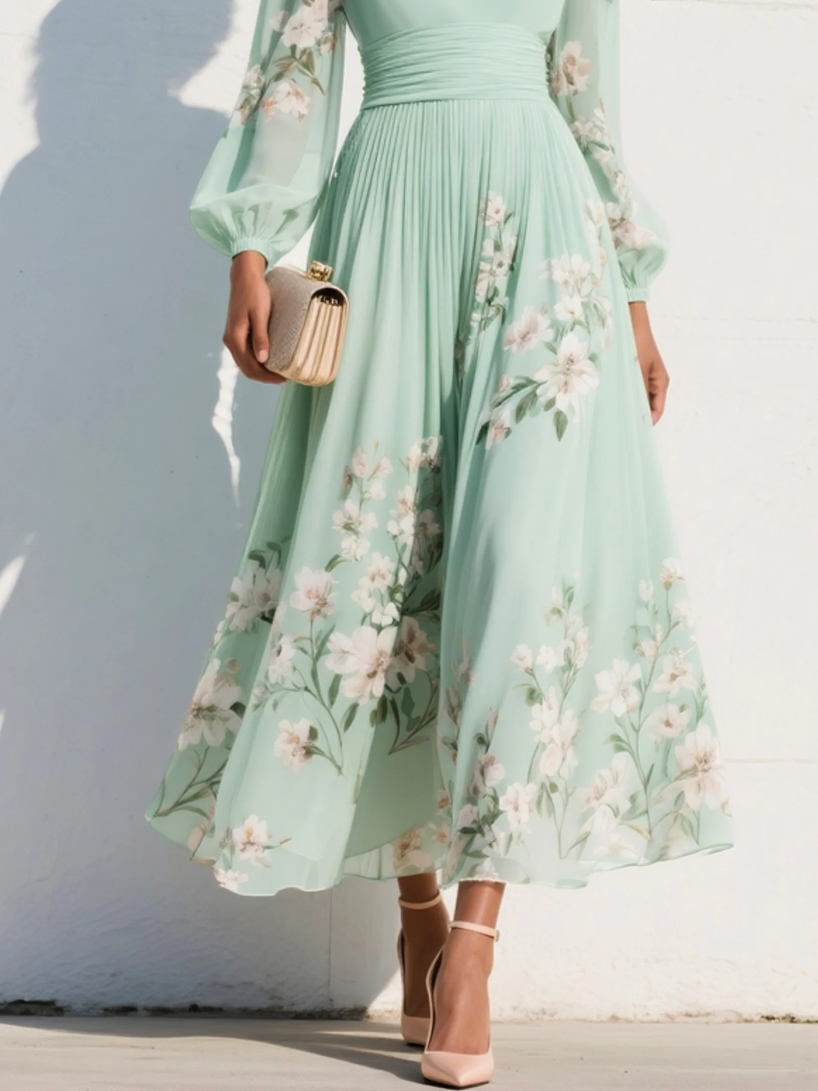 Women's Mint Green Chiffon Maxi Dress | Elegant Pleated Floral Summer Gown 4