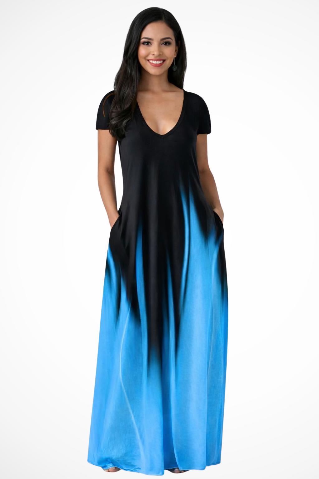 Womens Ombre Maxi Dress | Elegant V-Neck Short Sleeve Summer Dress with Pockets 2