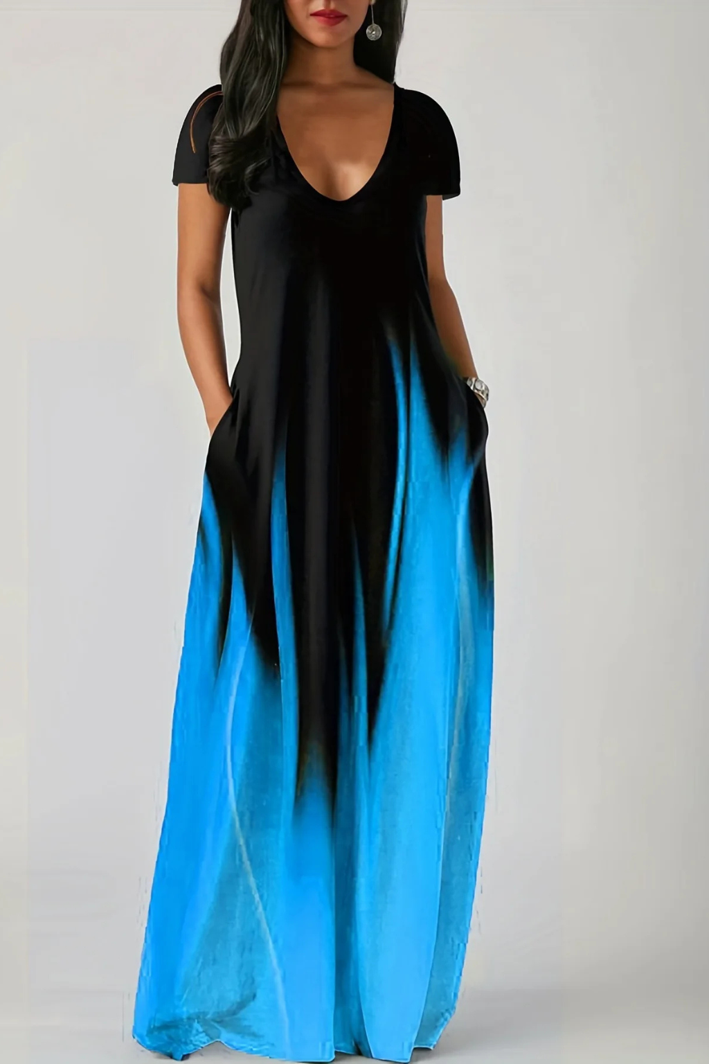 Womens Ombre Maxi Dress | Elegant V-Neck Short Sleeve Summer Dress with Pockets 3