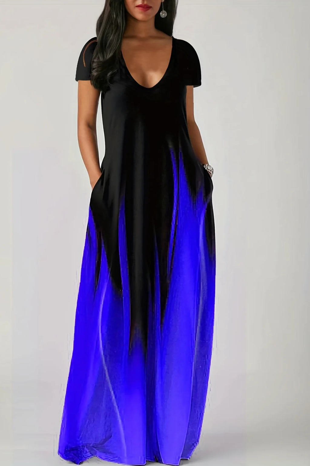 Womens Ombre Maxi Dress | Elegant V-Neck Short Sleeve Summer Dress with Pockets 6