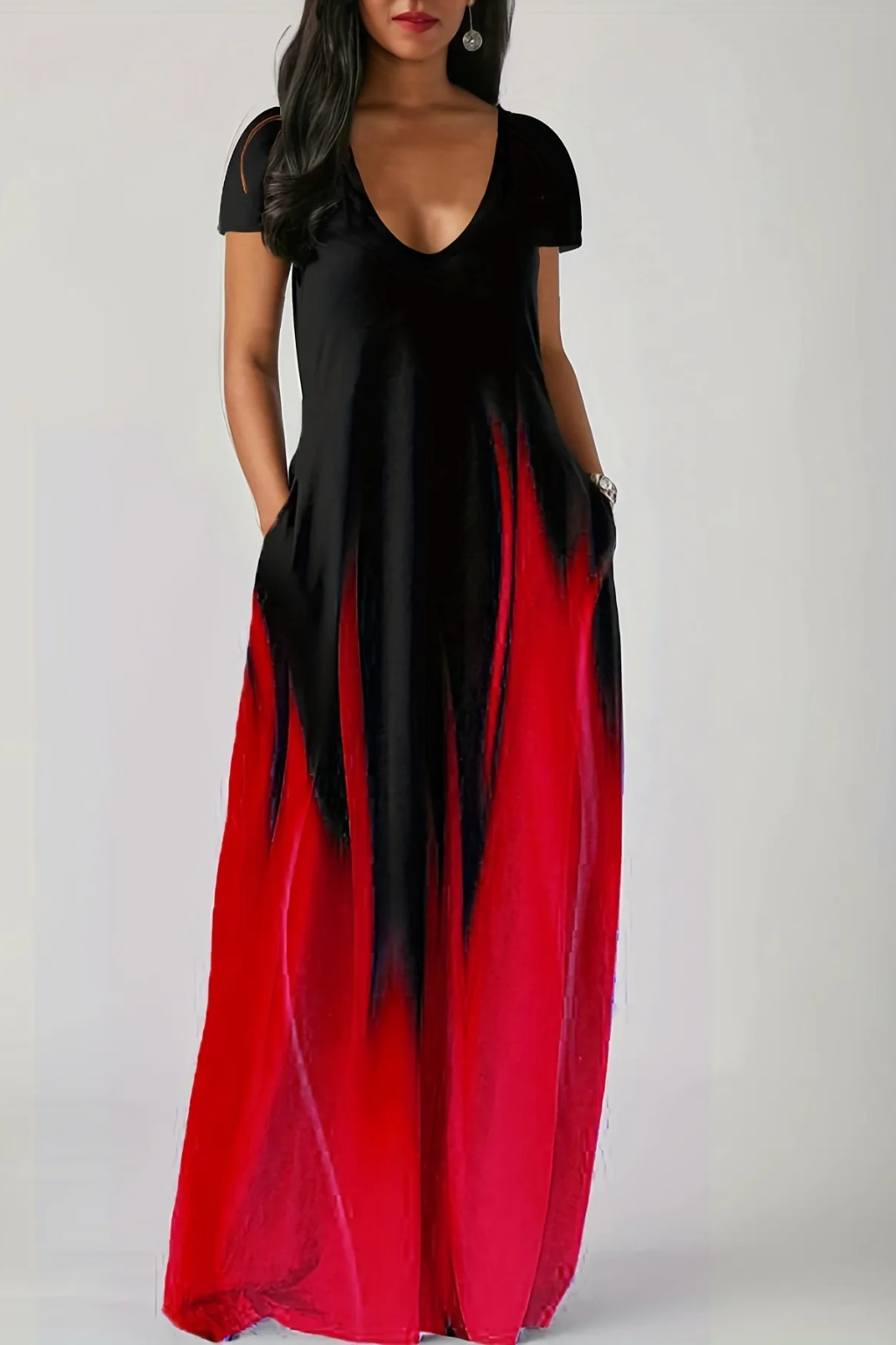 Womens Ombre Maxi Dress | Elegant V-Neck Short Sleeve Summer Dress with Pockets 8