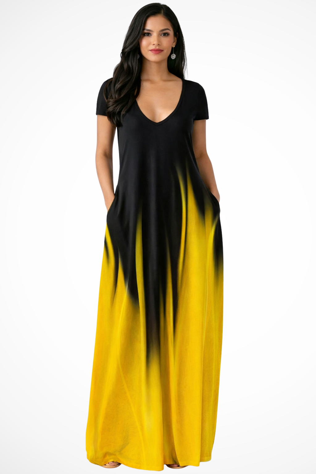 Womens Ombre Maxi Dress | Elegant V-Neck Short Sleeve Summer Dress with Pockets 10