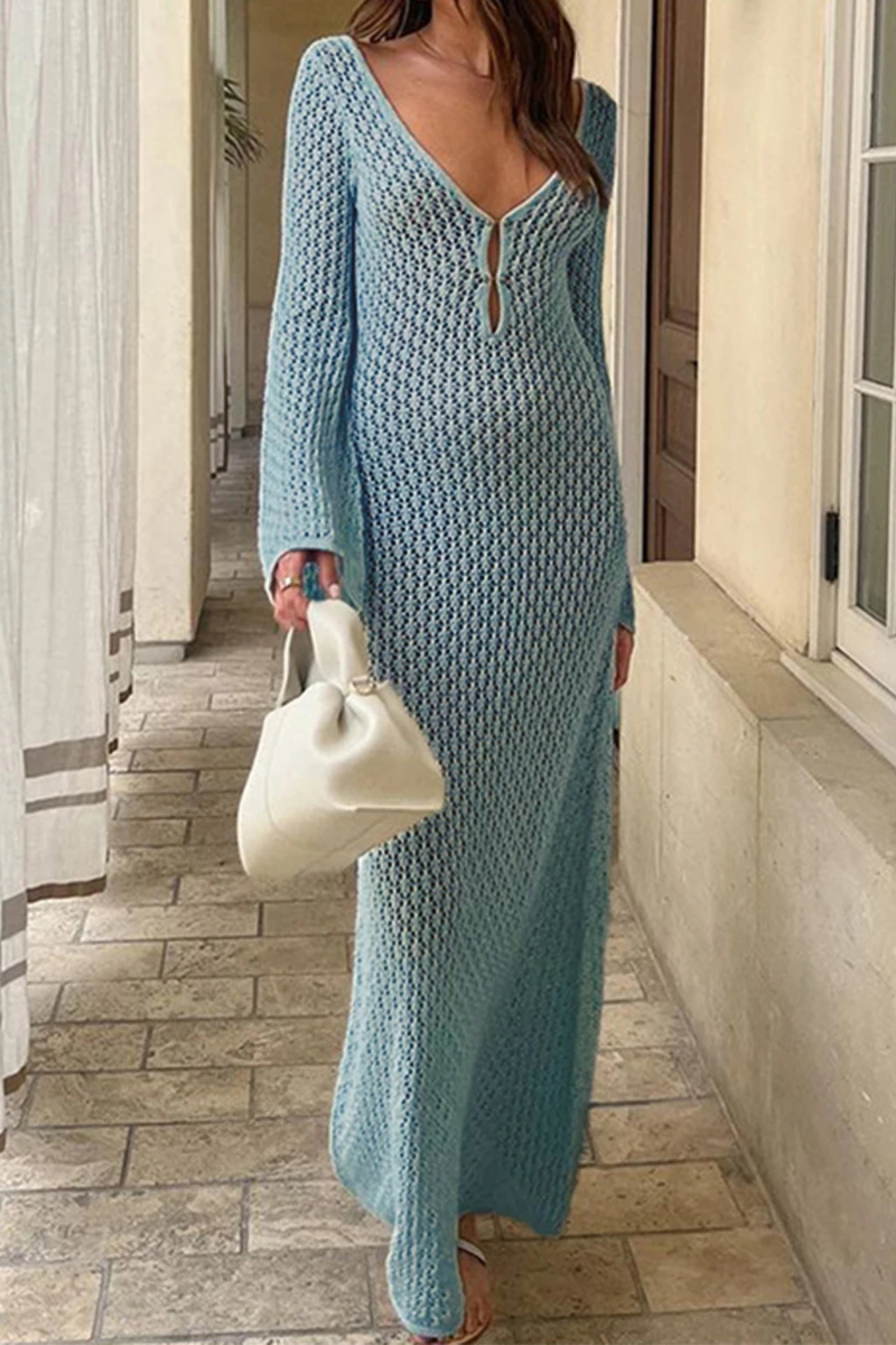 Womens Open Knit Maxi Dress | Elegant Deep V Neck Long Sleeve Beachwear 2