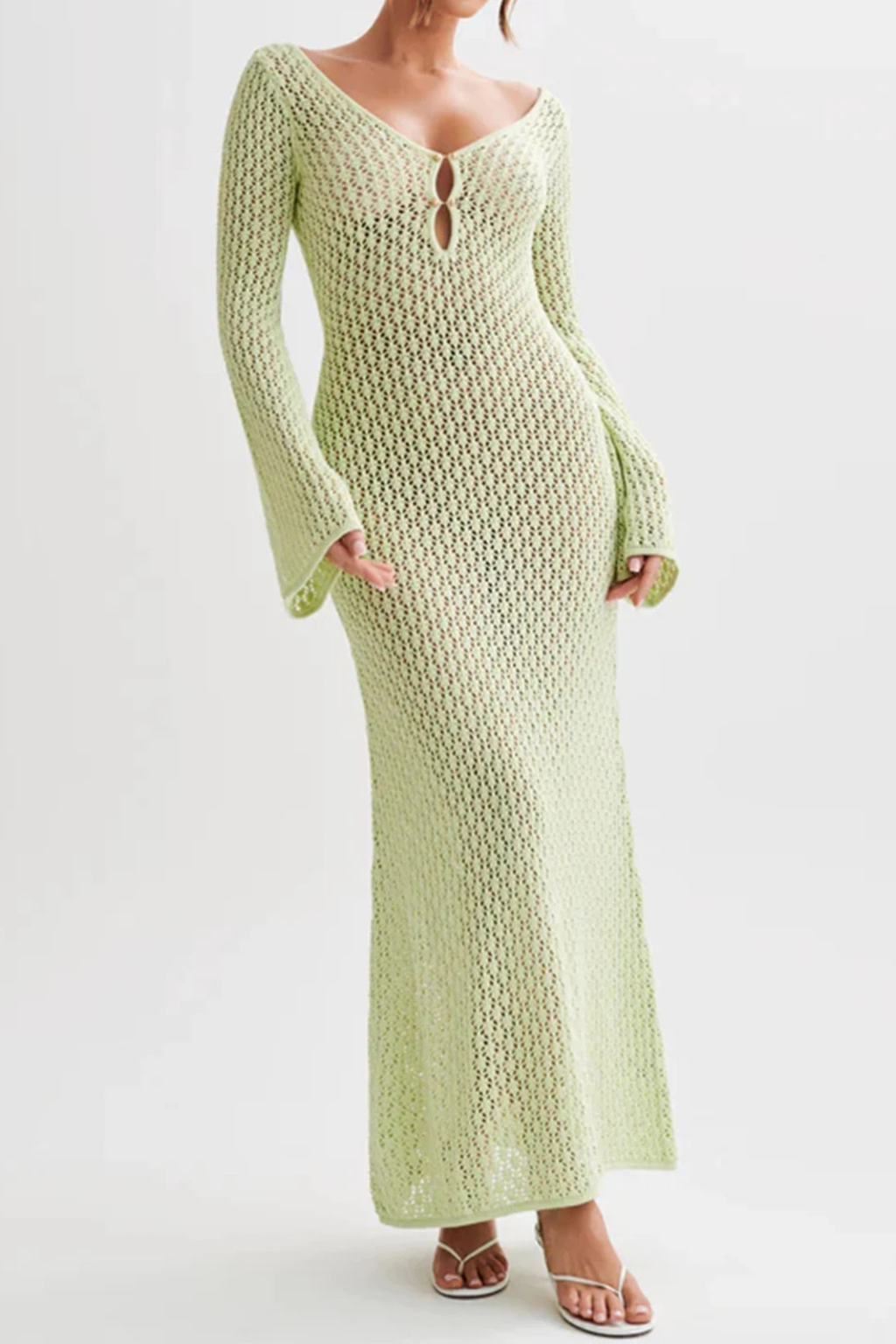 Womens Open Knit Maxi Dress | Elegant Deep V Neck Long Sleeve Beachwear 6