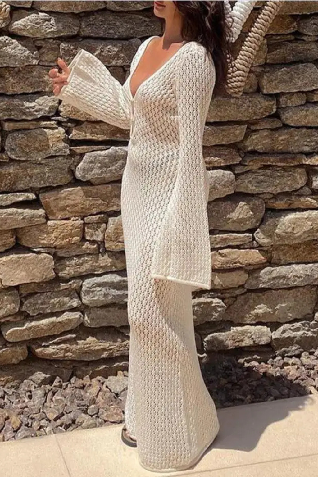 Womens Open Knit Maxi Dress | Elegant Deep V Neck Long Sleeve Beachwear 7