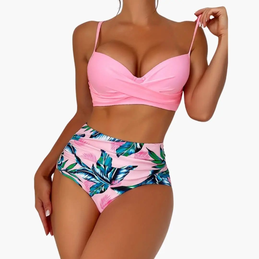Womens Patterned Stretch High-Waisted Bikini Set | Structured Push-Up Top for Summer 1