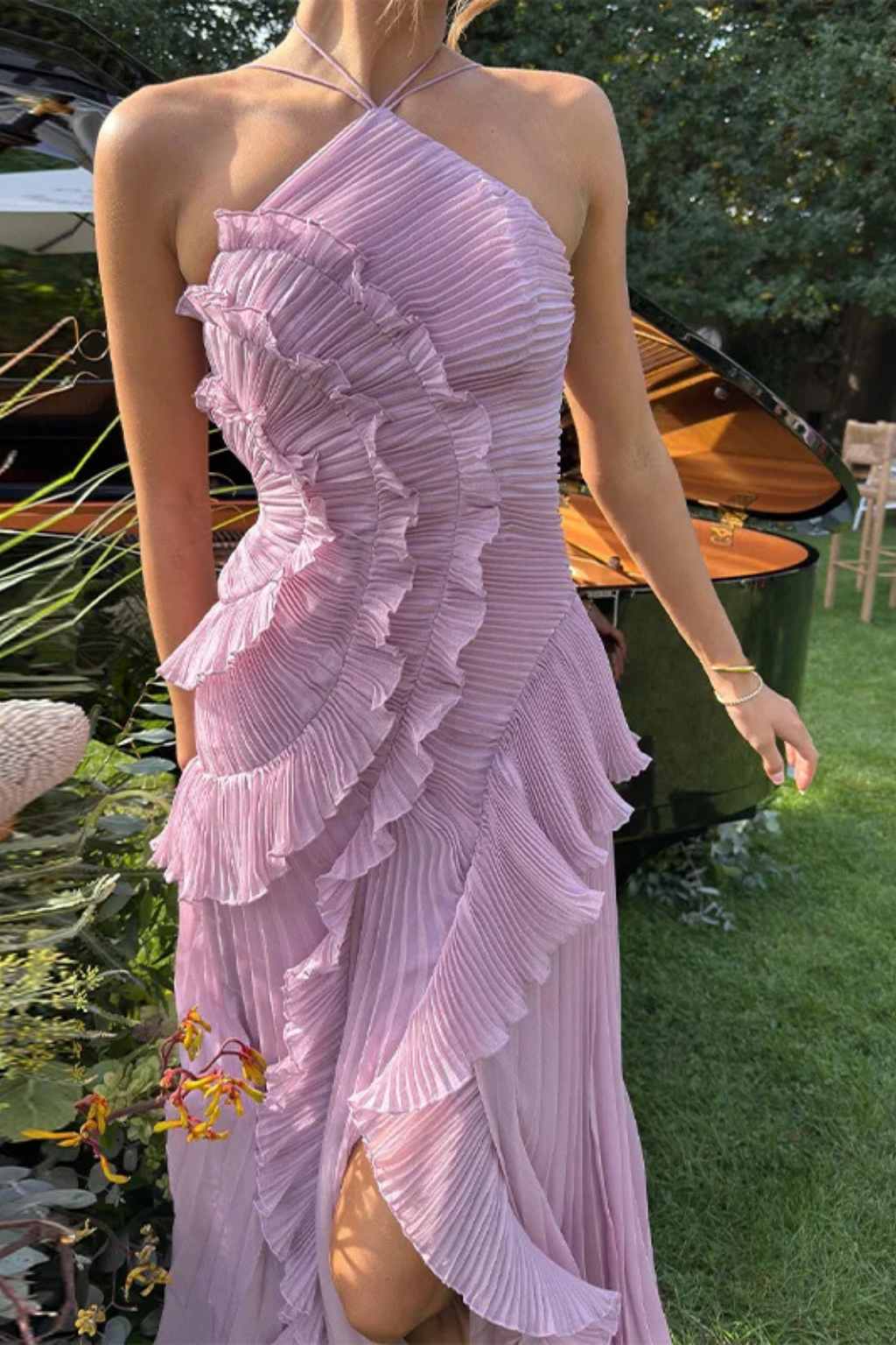 Women's Pleated Fabric Maxi Dress | Ruffled Halter Summer Gown 5