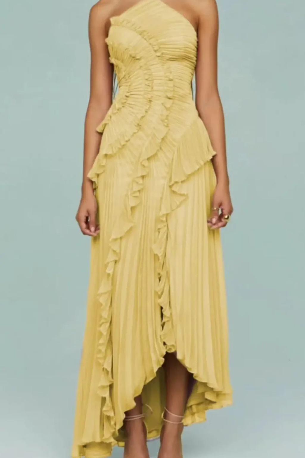 Women's Pleated Fabric Maxi Dress | Ruffled Halter Summer Gown 6