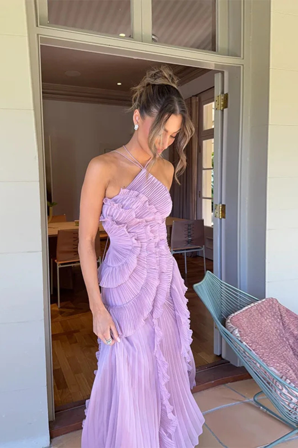 Women's Pleated Fabric Maxi Dress | Ruffled Halter Summer Gown 7