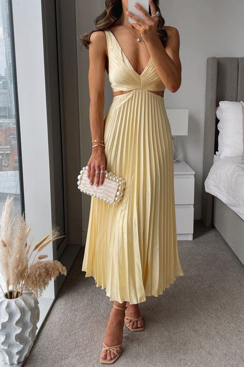 Women's Pleated Polyester Midi Dress | Elegant V-Neck Summer Dress 0