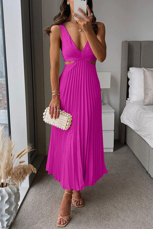 Women's Pleated Polyester Midi Dress | Elegant V-Neck Summer Dress 2