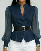 Women's Premium Denim Top with Chiffon Sleeves | Structured Wrap Design Elegant Casual Blouse 3