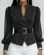 Women's Premium Denim Top with Chiffon Sleeves | Structured Wrap Design Elegant Casual Blouse 4