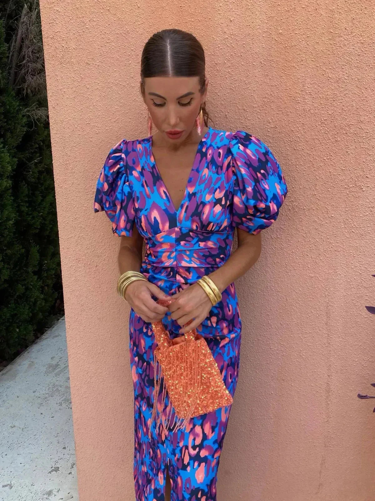 Women's Printed Midi Dress | Elegant Puff Sleeve Summer Dress 0