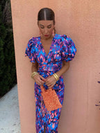 Women's Printed Midi Dress | Elegant Puff Sleeve Summer Dress 0