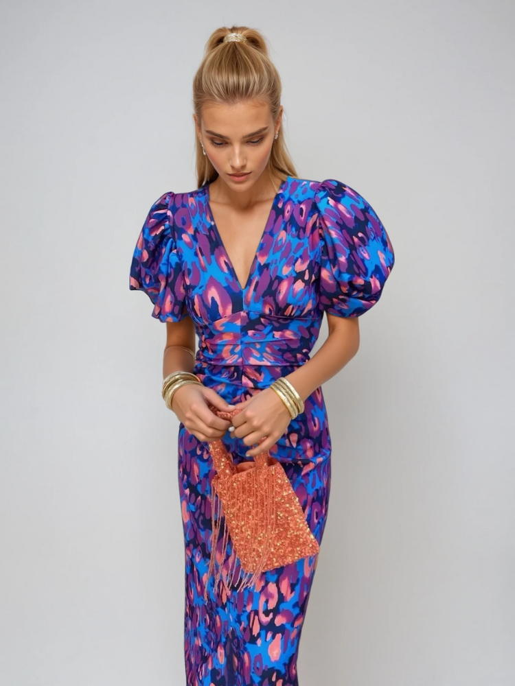 Women's Printed Midi Dress | Elegant Puff Sleeve Summer Dress 1