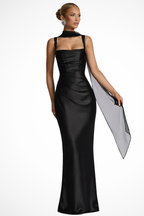 Women's Satin Maxi Dress | Structured Square Neck Ruched Design 0