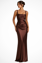 Women's Satin Maxi Dress | Structured Square Neck Ruched Design 2