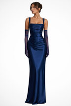 Women's Satin Maxi Dress | Structured Square Neck Ruched Design 3