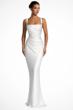 Women's Satin Maxi Dress | Structured Square Neck Ruched Design 4