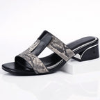 Womens Smooth Leather T-Strap Sandals | Elegant Snake Print Design for Summer 4