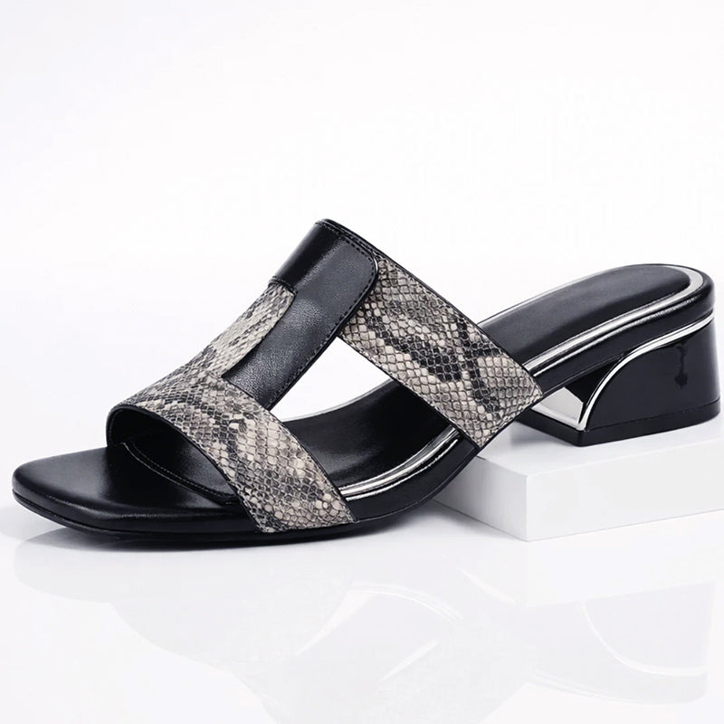 Womens Smooth Leather T-Strap Sandals | Elegant Snake Print Design for Summer 4