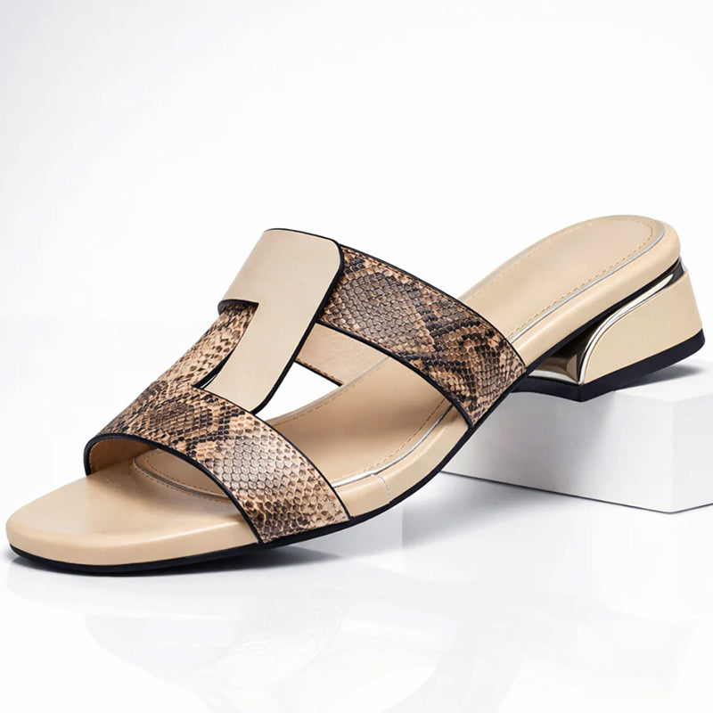 Womens Smooth Leather T-Strap Sandals | Elegant Snake Print Design for Summer 6