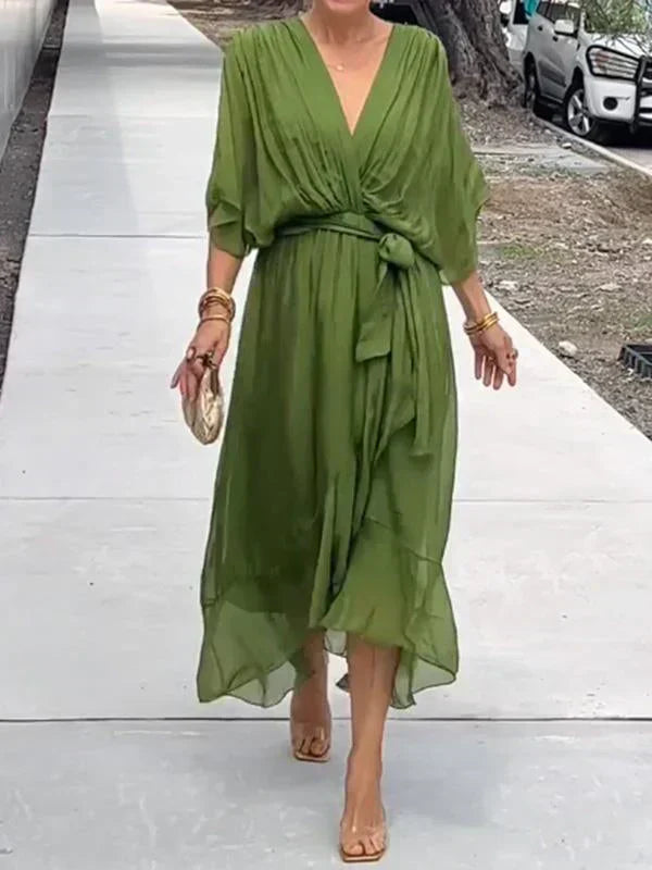 Women's Soft Draped Midi Dress | Elegant V-Neck Summer Cocktail Dress 0