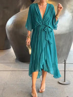 Women's Soft Draped Midi Dress | Elegant V-Neck Summer Cocktail Dress 4