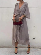 Women's Soft Draped Midi Dress | Elegant V-Neck Summer Cocktail Dress 5