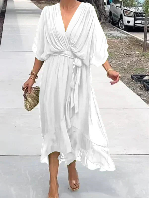 Women's Soft Draped Midi Dress | Elegant V-Neck Summer Cocktail Dress 6