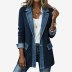 Women's Soft Rib Knit Blazer | Modern Contrast Denim Cardigan | Stylish Open-Front Layering Piece 5