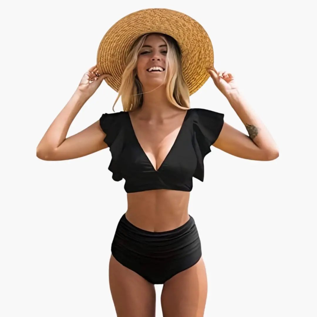 Womens Stretch Fabric High-Waisted Bikini Set | Playful Ruffle Sleeve Summer Swimwear 1